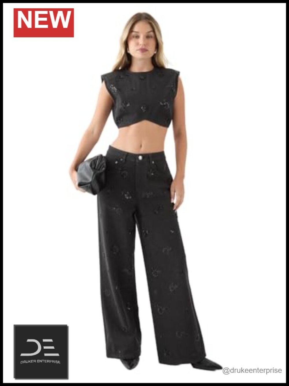 Embellished Wide Leg High Waist Denim Jeans